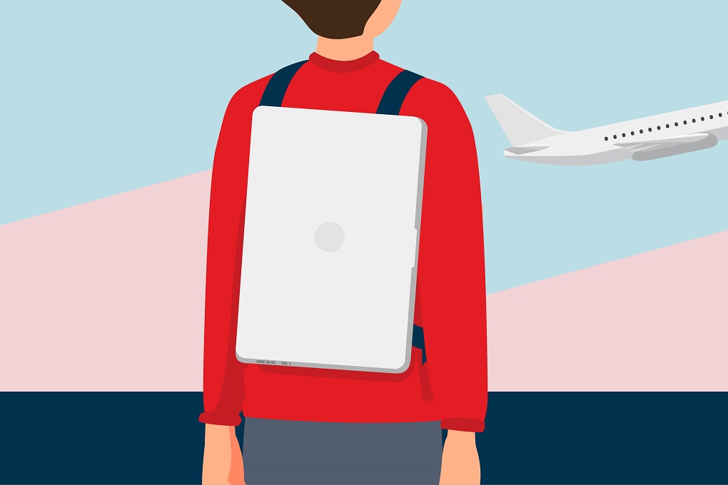 Digital nomad Dessin d'homme à l'aéroport avec un ordinateur portable dans le dos
