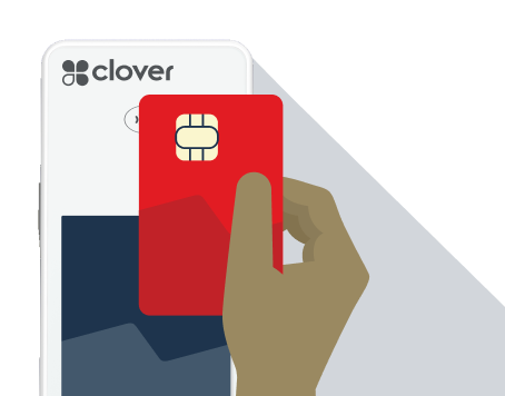 Dessin d’une main tenant une carte bancaire à puce au-dessus d’un terminal de paiement Clover