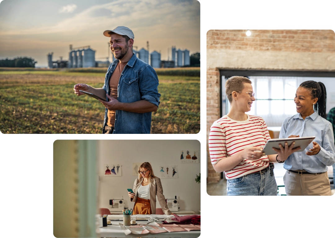 Collage de photos d’un fermier devant sa ferme, d’une femme dans un bureau et de deux personnes consultant une tablette 