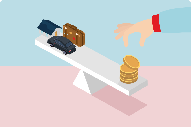 Dessin d’une balance avec des pièces de monnaie d’un côté, et une voiture, une maison et une valise de l’autre 