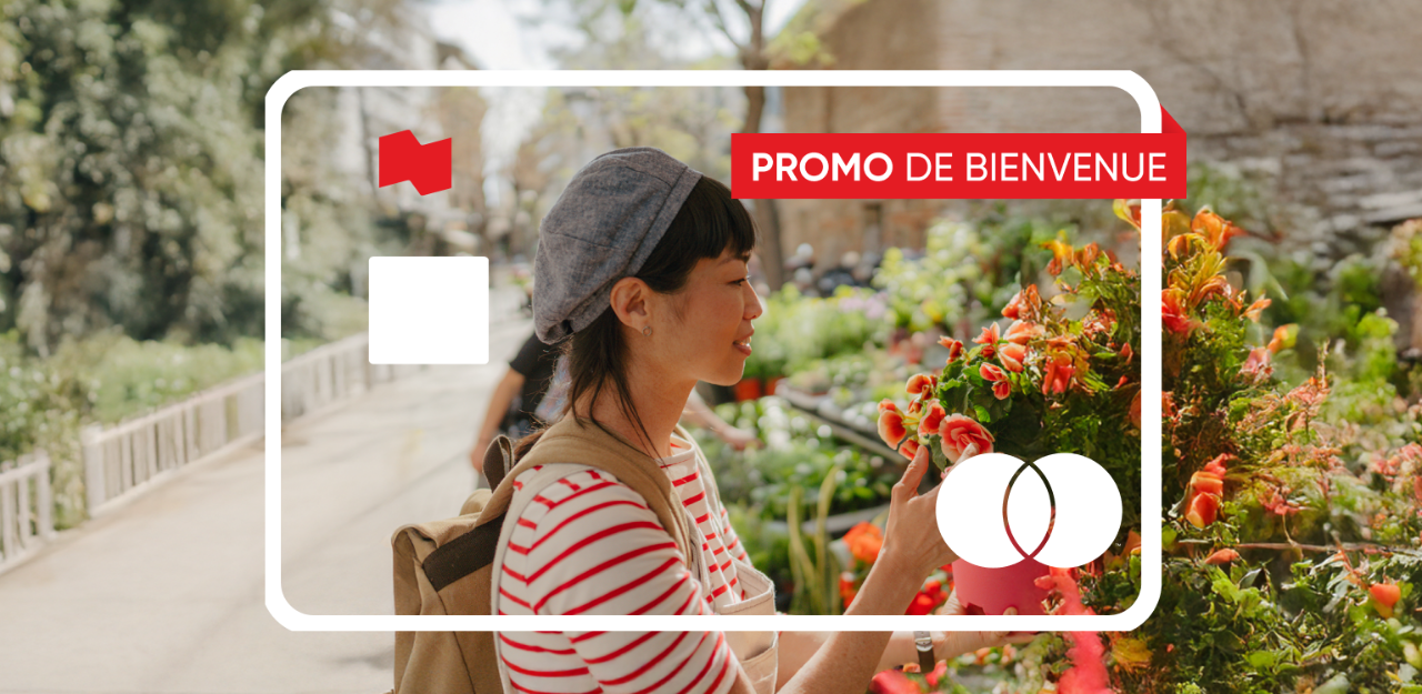 Dessin d’une carte de crédit avec l’étiquette promo et une photo d’une personne souriant devant des fleurs