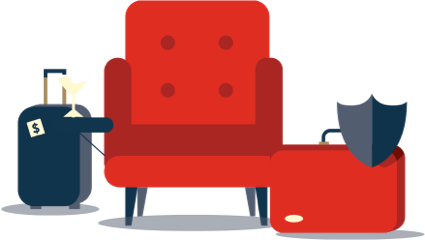 Dessin d’un fauteuil avec une table sur lequel est posé un verre à martini, entourés de deux valises 
