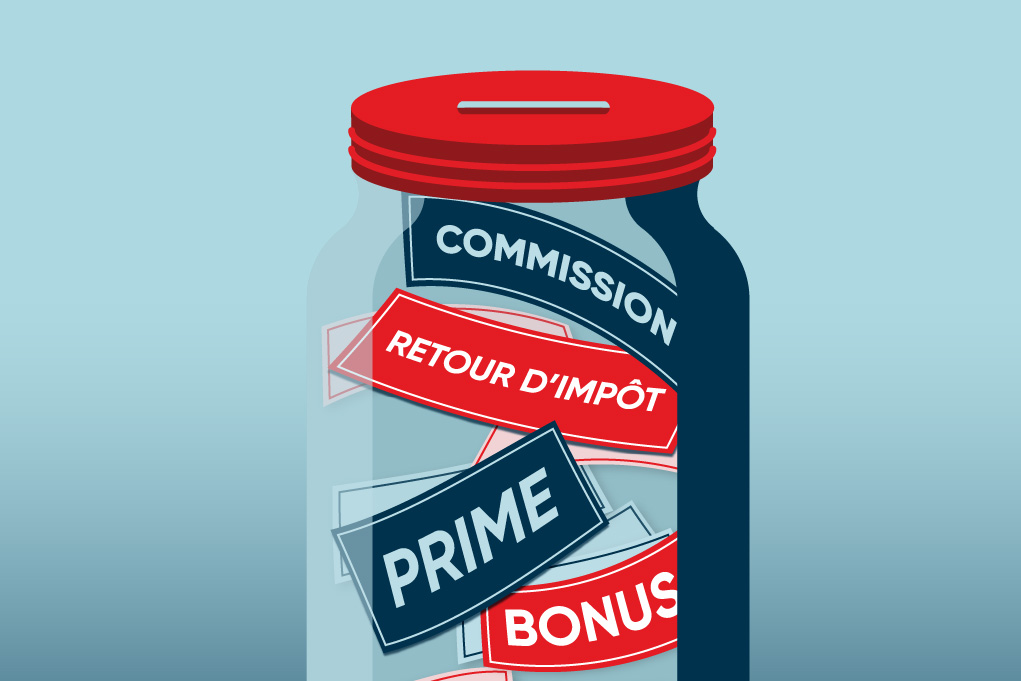 Dessin d’un pot de verre rempli des mots commission, retour d’impôt, prime et bonus 