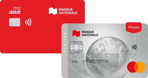 Photo de la carte de débit Banque Nationale et de la carte de crédit Mastercard Platine