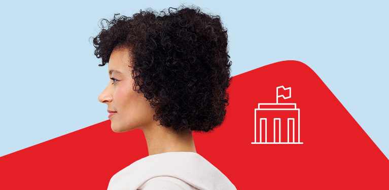 Photo d’un visage de profil sur fond de vague évoquant le logo Banque Nationale