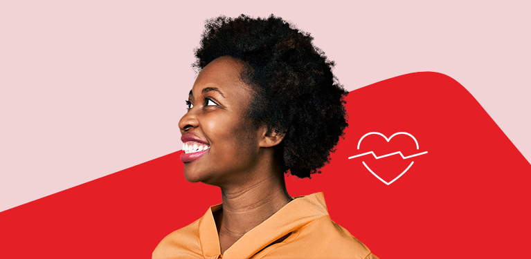Photo d’un visage souriant de profil sur fond de vague évoquant le logo Banque Nationale 
