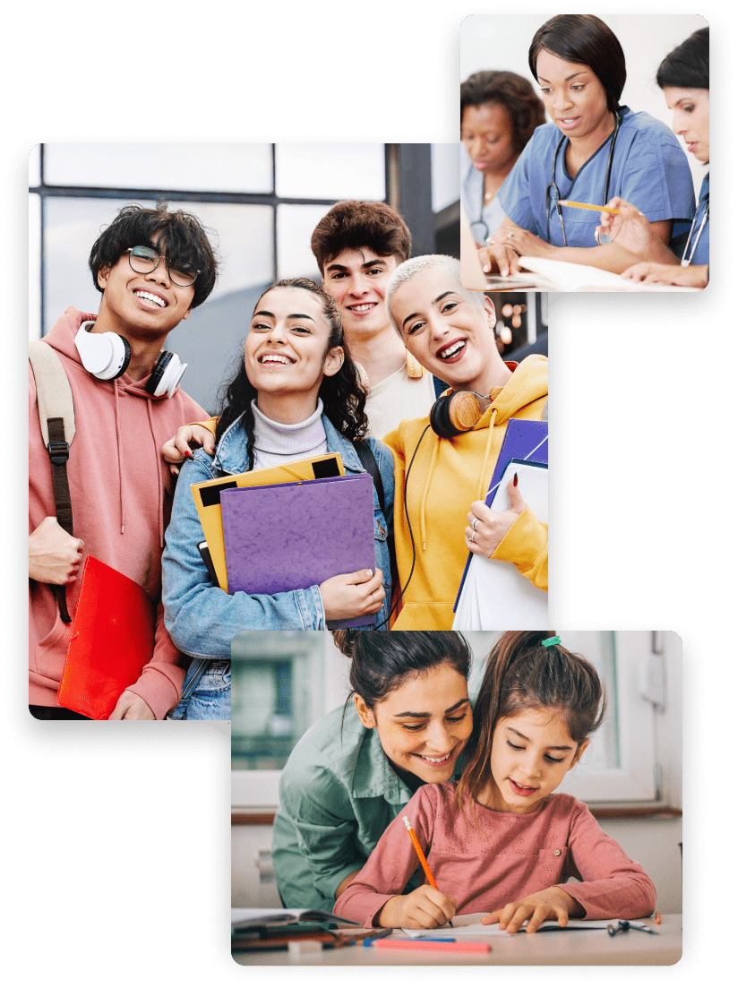 Montage photo présentant des étudiants et une mère qui aide sa fille à faire ses devoirs 