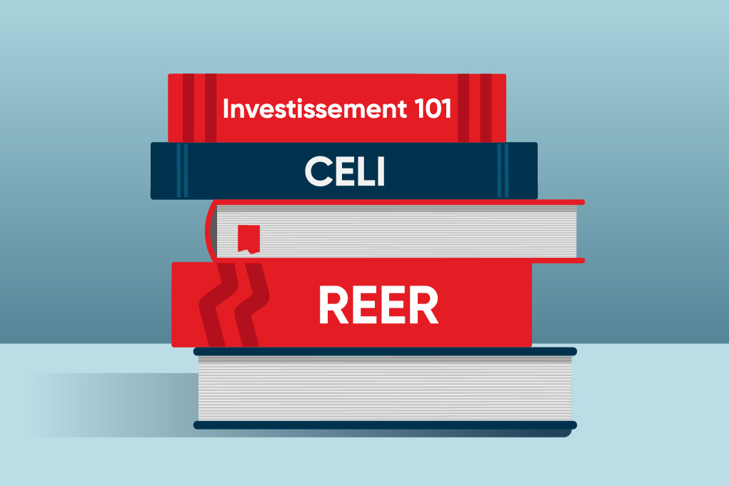 Icône de livres empilés intitulés Investissement 101, CELI et REER 